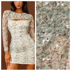 Selfie Leslie First Class Long Sleeve Ruched Mesh Dress Floral Print Mint Multi